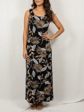 Softwear By Mark Singer Sleeveless Tropical Print Maxi Dress Womens L Black